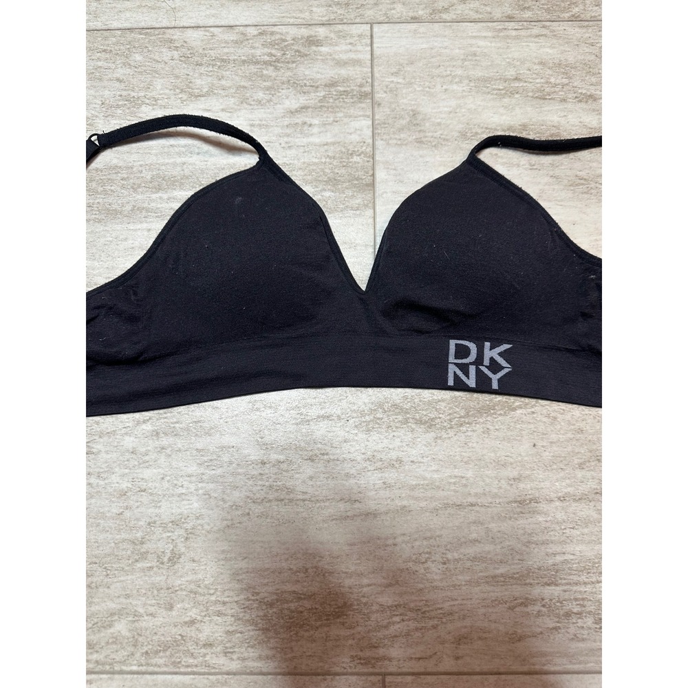 DKNY Bralette Womens Medium Black Seamless Wireless Ribbed Logo Stretch Bra 7344